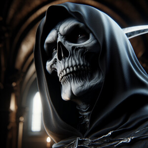 Closeup portrait of the grim reaper looking up to heaven, ultra-...