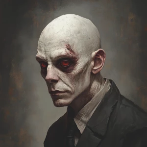 pale man with tired red eyes, slightly hunched, expressionless,...