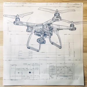 A detailed specification sheet on blueprint paper for minimuist drone with callouts and dimensions, highly technical