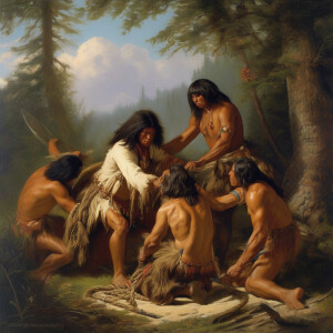 A group of Native Americans tying a rope around an injured Sasqu...
