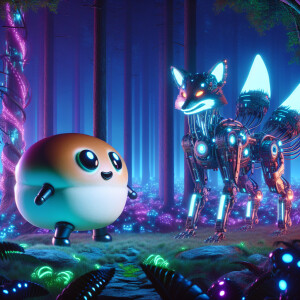 A round bun with eyes and mouth met a cyborg fox in the forest