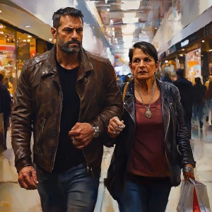 Photo, realism,a bodybuilder man ,walking with his 50 years old...