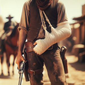 An old west cowboy standing in the middle of the road, six shoot...