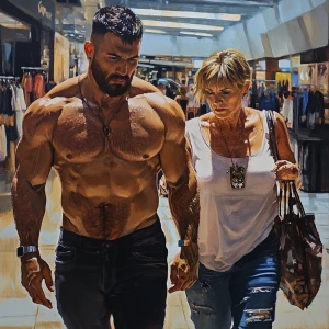 Realism sharp detailed painting.A muscular, sweaty man walking...