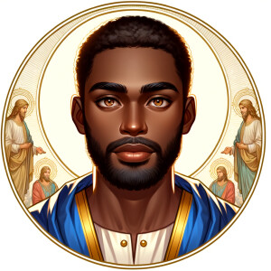 Create handsome African-American, Jesus, with Hazel Brown eyes wearing a blue and gold robe