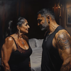 realism sharp detailed  painting style  .A sweaty muscular man t...