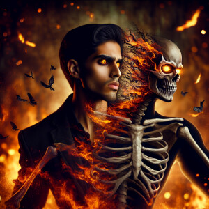 A haunting scene of a black and red human undergoing a dramatic...