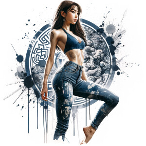 Athletic Thin skinny Attractive, Asian teenage girl, long brown hair and bangs, wearing tight skinny jeans and a halter top paint marks on her clothing, heroic pose Asian graffiti background, side view