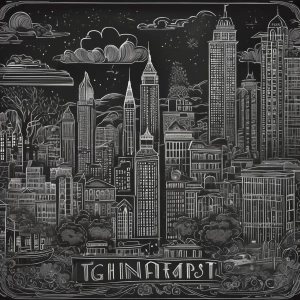 A detailed chalkboard mural featuring a city skyline, ornate lettering, and playful doodles framing the scene."