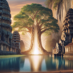 a large glowing tree is surrounded by water, located inside the...