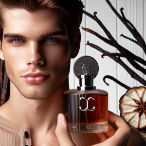 Young man holding up-close of his face a bottle of perfume. His...