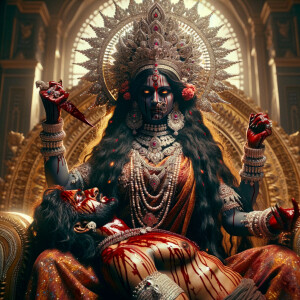 portrait of extremly angry looking goddess kali, black skinned,...