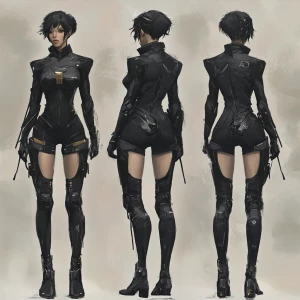 A digital art character design sheet showcasing a futuristic fem...
