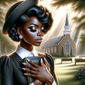 Render an airbrush oil painting of an African American woman with flawless makeup in a
contemplative pose, holding a Bible close to her heart, dressed in an elegant Sunday Best
outfit with a distinctive Church Hat. The background features a peaceful church garden,
with light filtering through the trees, highlighting her spiritual connection and the personal
moment of reflection. The artwork should capture the tranquility of the scene, the beauty
of her attire, and the depth of her contemplation, reflecting a serene and spiritually