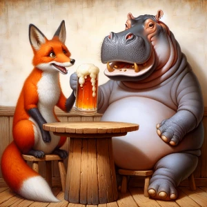 Fox drinking beer with a hippo