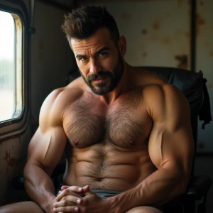 Create an image of a muscular, hairy trucker who is confidently...