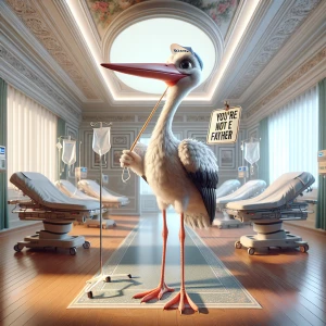 Stork with a exaggerated menacing expression holding a sign sayi...