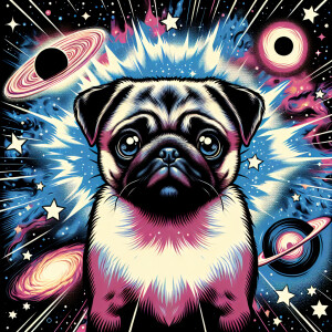 Vibrant color pop digital art of a pug up in a heavily space des...
