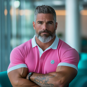 The image shows man white a bearded black, gray haired muscular...