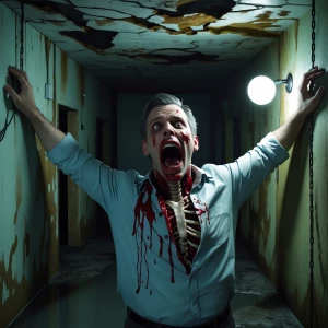 A hyper-realistic, ultra-detailed horrorcore image of a man in a...