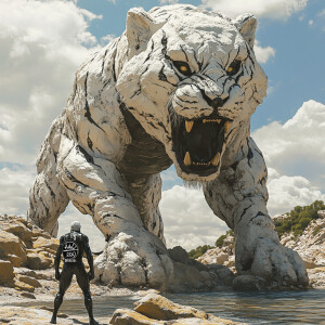 Digital artwork featuring a dramatic scene between a large, ston...