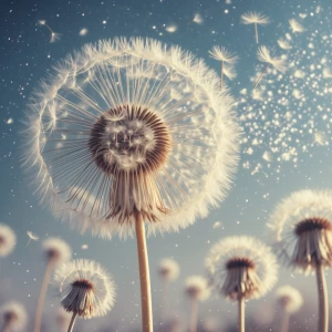 Create a hyperrealistic image of an enormous dandelion dispersin...