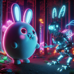A round bun with eyes and mouth met a robot hare in the forest