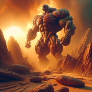 A colossal, hyper-muscular Beast, towering above a craggy, ochre...