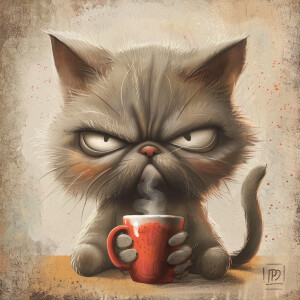 A cartoon of a grumpy cat holding a coffee cup
