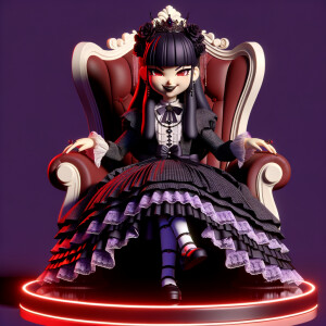 A woman named lilith wearing elegant gothic lolita dress  sitting on the thrones, red purple aura, smirk evil, 3D, humanlike