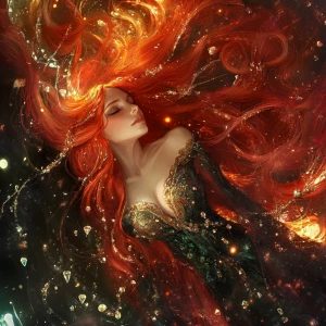 A celestial, high-angle composition. A radiant, fiery-haired God...