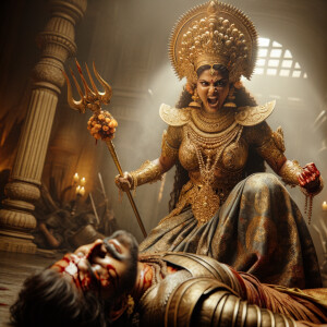 portrait of angry looking, indian goddess trampling a defeated m...