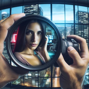 Female looking up at the viewer with expressive eyes through a f...