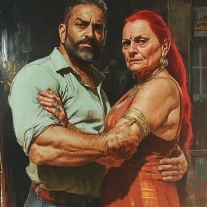 realistic art,a muscular, perspiring man accompanying his 50-yea...