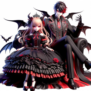 A girl named lilith with elegant gothic lolita dress sit on the lap of Handsome Lucifer with Black Horn, Msyterious Aura of Black and red, Lilith and Lucifer evil smirks, glowing eyes, 3D, High Res