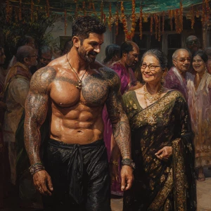Hyperrealism,oil paint .a muscular beefy sweaty tattoed indian m...