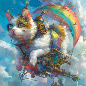 Illustrate a cat with a steampunk aesthetic, adorned in rainbow...