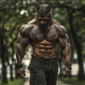 A Man-Wolf Hybrid with huge muscles and Tribal Tattoos walking i...