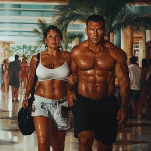 Realism.A man( muscular beefy criminal) walking with a woman(his...