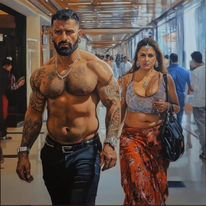 Hyperrealistic painting 1:1.A sweaty beefy muscular man criminal...