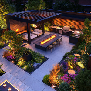 Create a contemporary rooftop garden design that includes a mini...