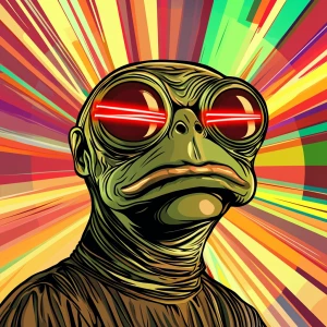 PEPE MEME with red lasers from eyes eyes, blank stare, in the st...