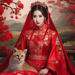 Chinese antique wedding dress，red theme，Beautiful woman with a...
