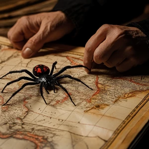 A good-looking sound arachnologist looking at a map of South Ame...