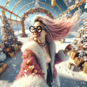 Snowflakes!"Create a wide-angle image of a Caucasian woman with...