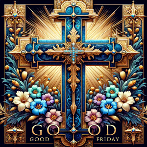 Create an image of a majestic cross, larger in size, with a harm...