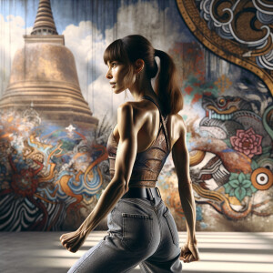 Athletic Thin skinny Attractive, Asian teenage girl, long brown hair and bangs, wearing tight skinny jeans and a halter top paint marks on her clothing, heroic pose Asian graffiti background, rear view