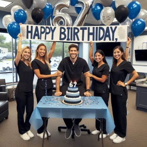 Generate an image of six employees at an Injury Rehab Clinic cel...