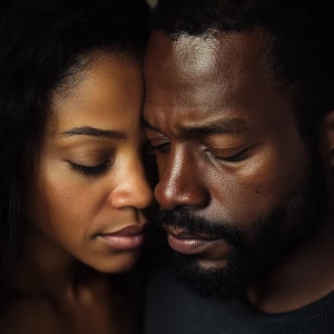 Generate an image of a poignant scene featuring an attractive African American couple, a man and woman, with expressions of sorrow and resignation as they emotionally prepare to go their separate ways.