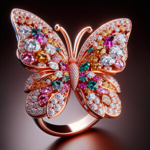 Create a stunning Rosa gold butterfly ring featuring a vibrant a...